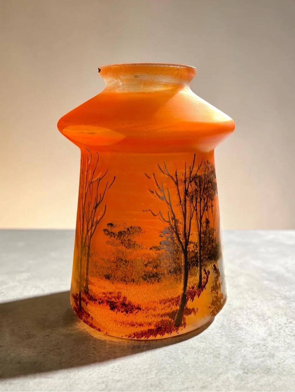 Carnival glass lamp shade from the early 1900’s, depicts a winter scene
